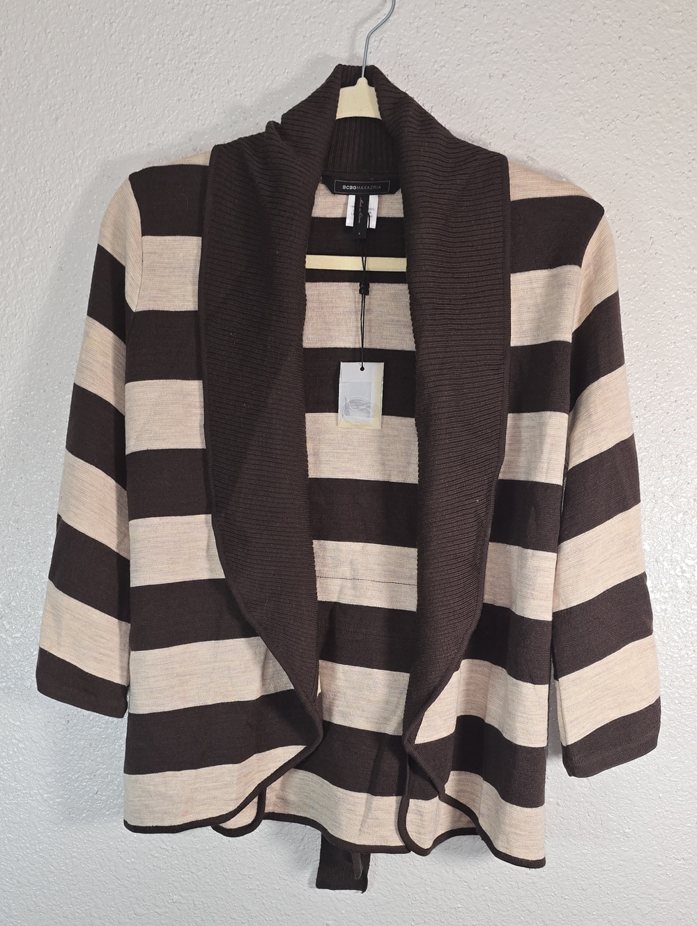 BCBGMaxAzria Brown & Cream Striped Shawl Collar Cardigan
